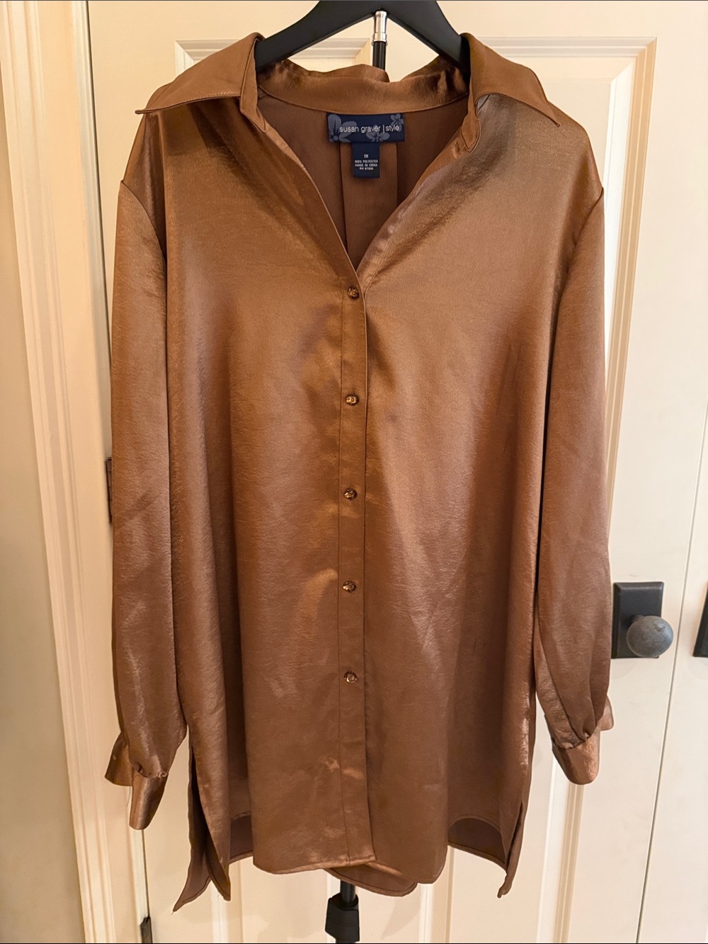Susan Graver Bronze-Brown Satin Button-Front Shirt Jacket